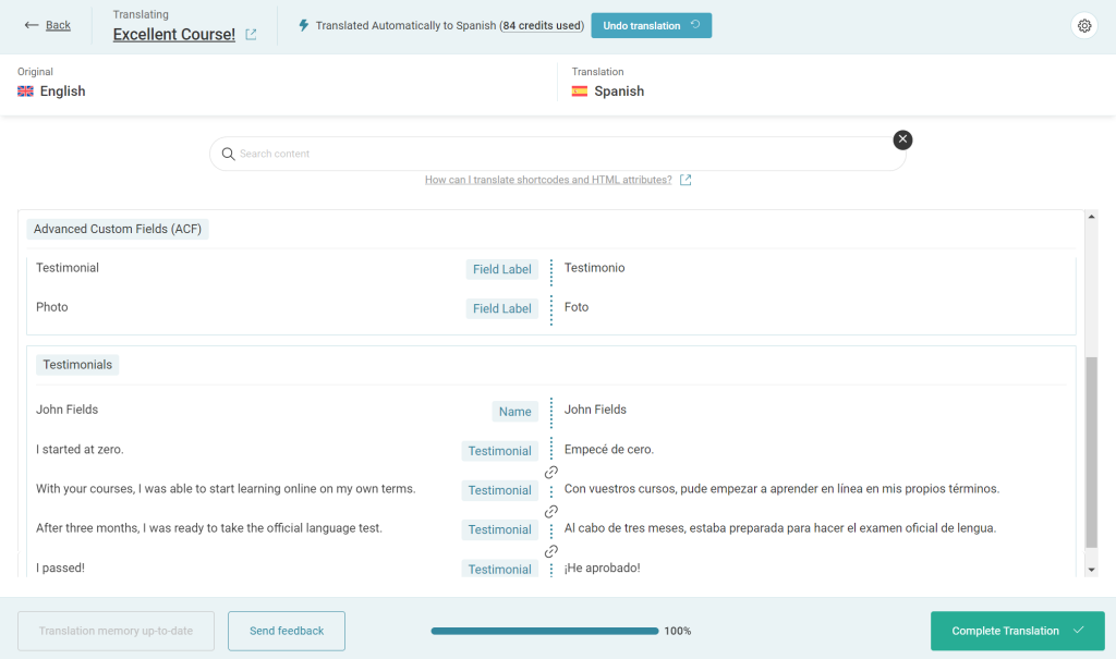 Translating the block content in the Advanced Translation Editor