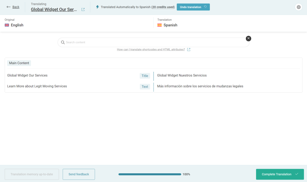 Translating the global widget in the Advanced Translation Editor