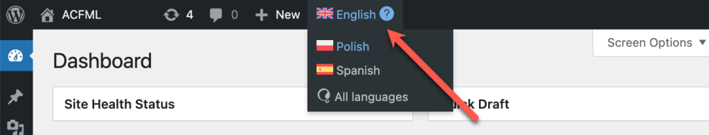 Language switcher in the top admin bar