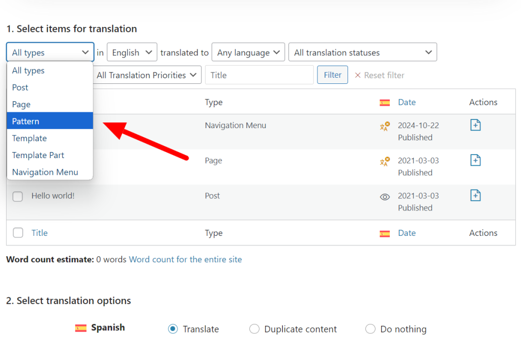 Translating Patterns in Translation Management dashboard