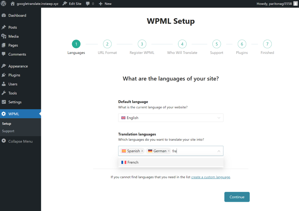Choosing languages in WPML Setup