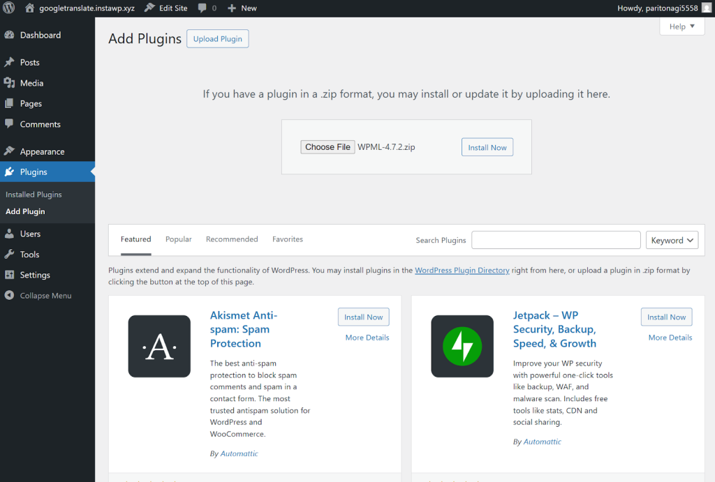 Installing WPML plugin in WordPress