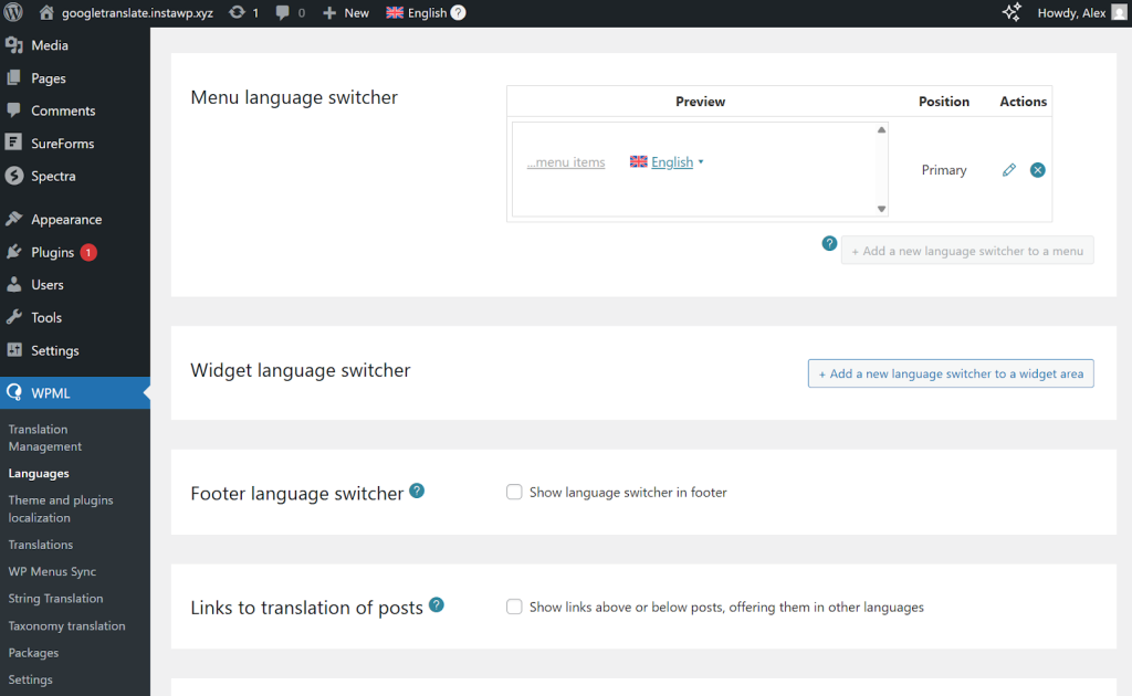 Language switcher settings in WPML