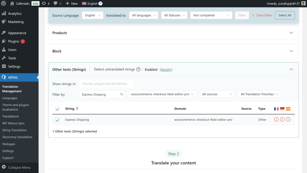 Selecting checkout field for translation