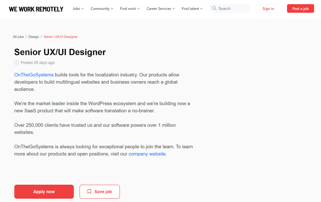 job listing on WeWorkRemotely
