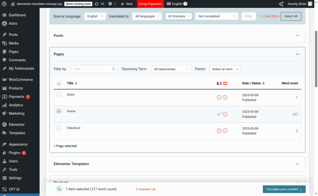 Selecting content for translation