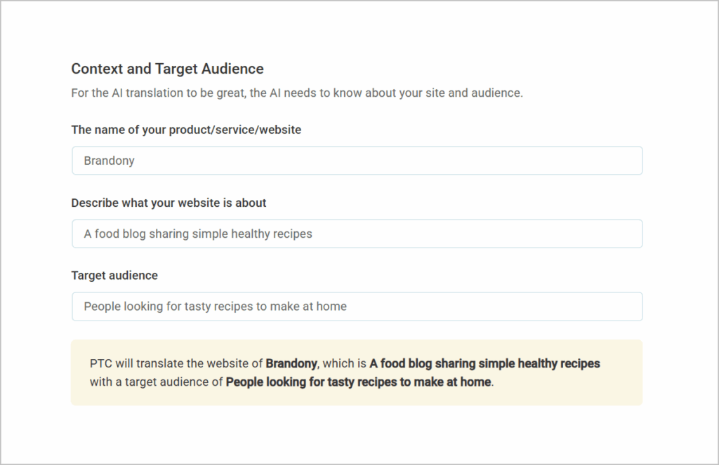 Translation context for PTC