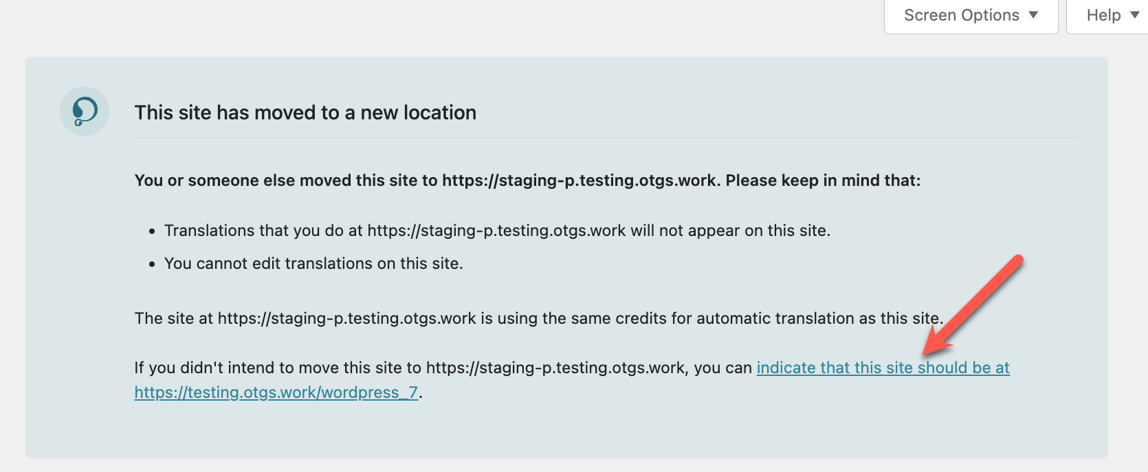 banner allowing you to revert a site move