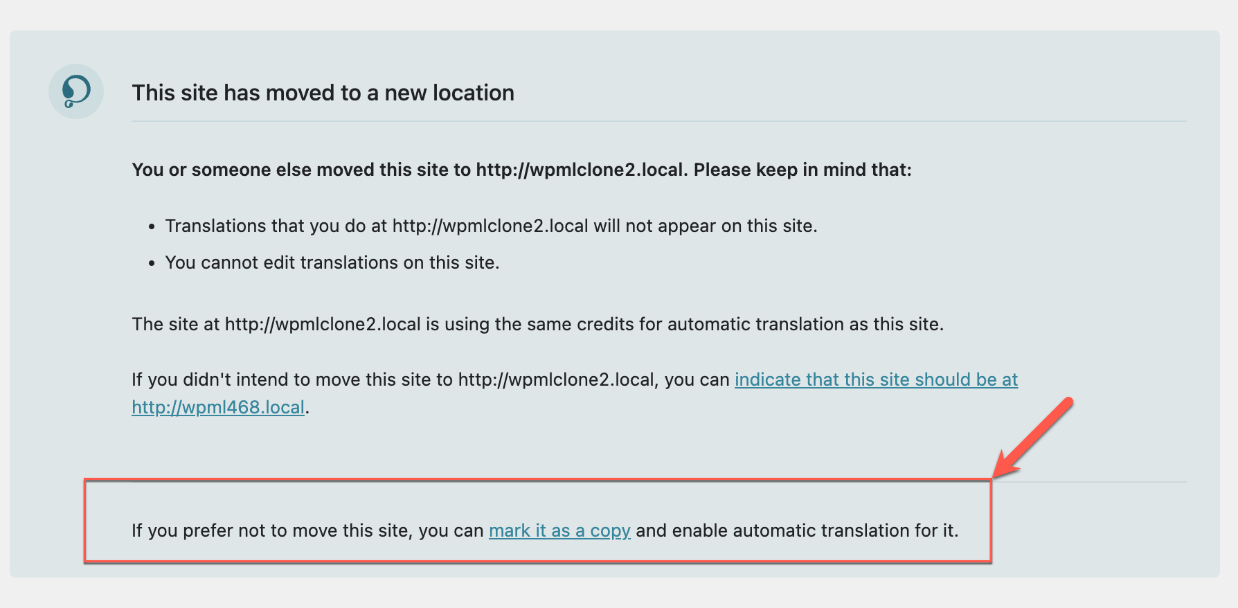 banner letting you mark original site as a copy if you moved it