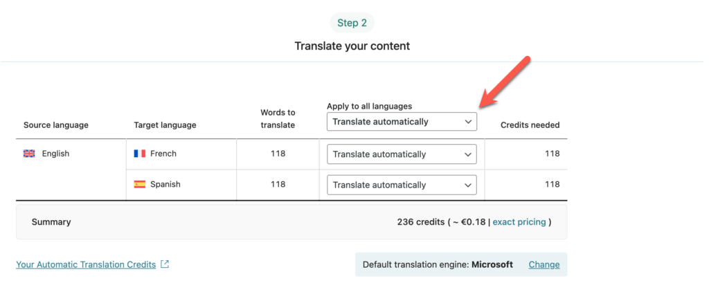 Sending content for automatic translation with Microsoft from the Translation Dashboard