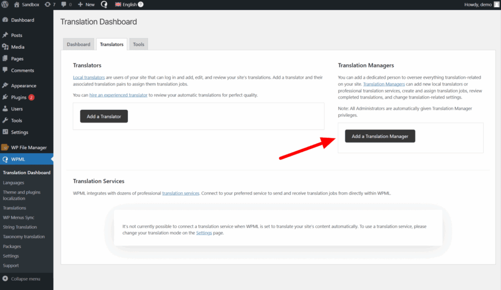 Adding a Translation Manager in the Translators tab