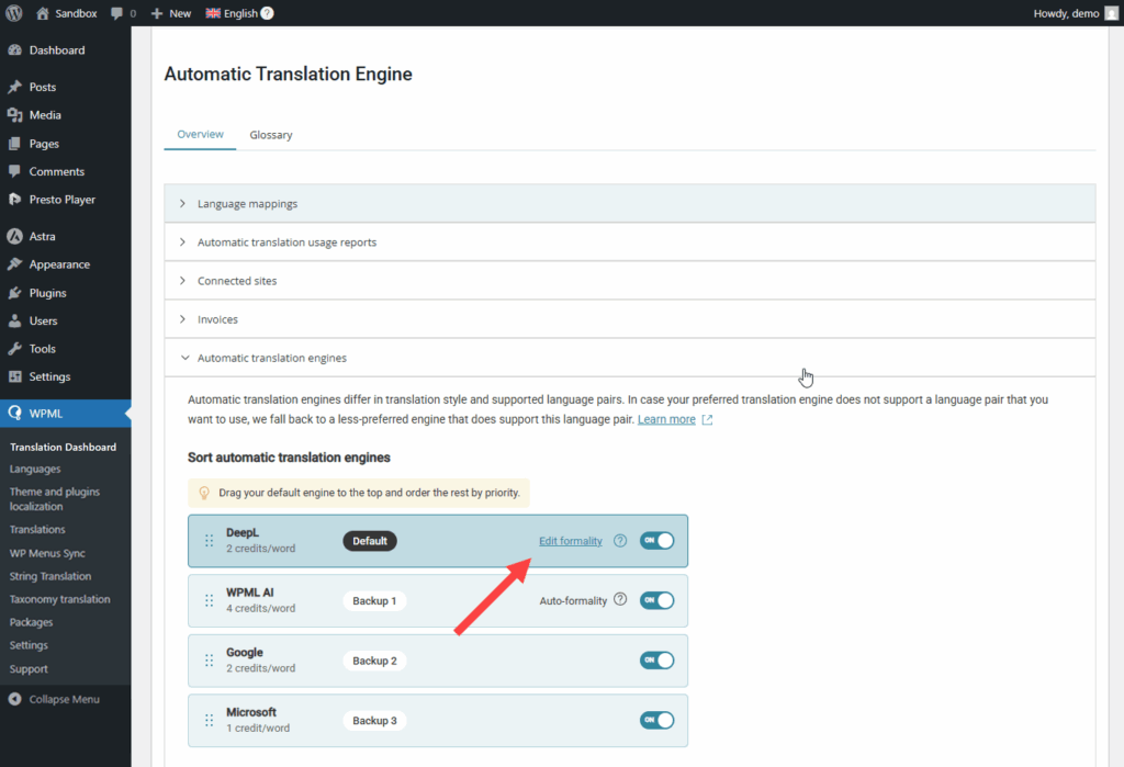 Editing DeepL formality settings