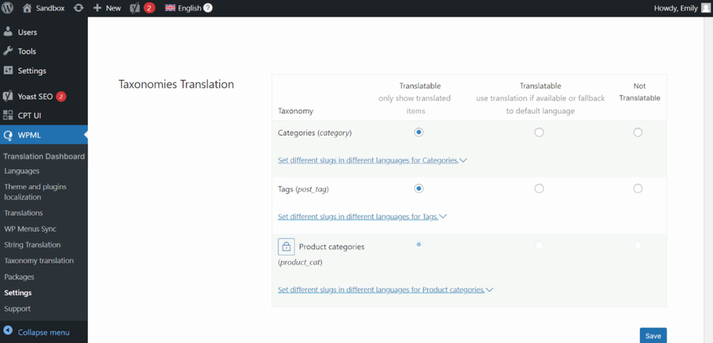 Making taxonomies Translatable in WPML Settings