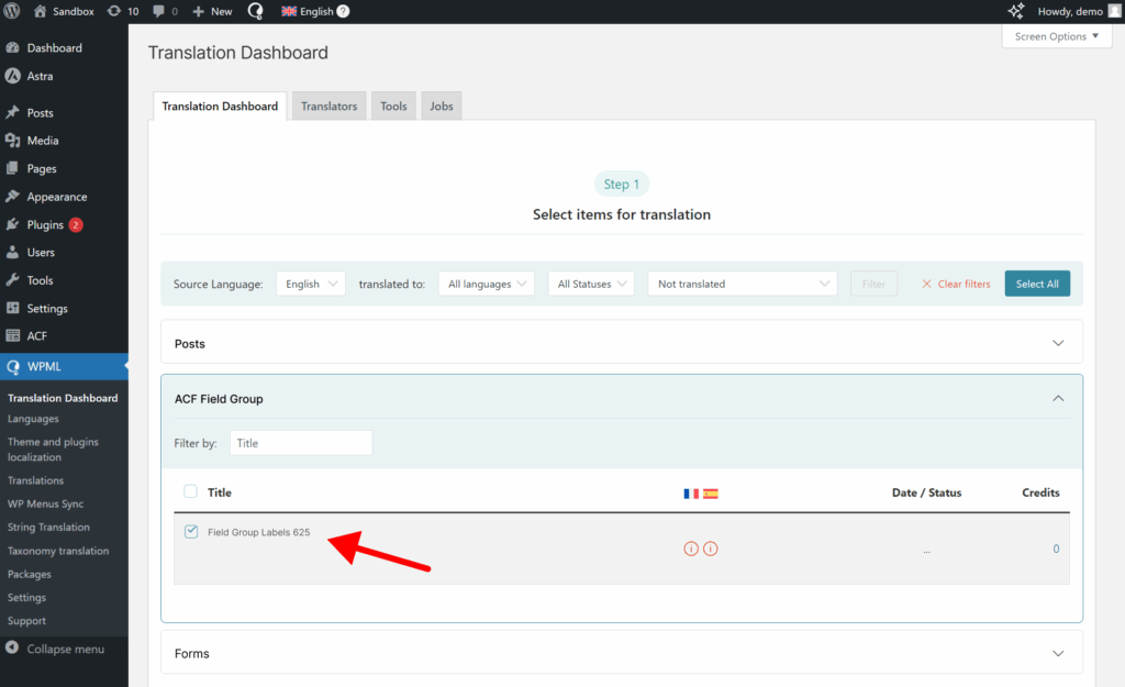 Selecting Field Group to translate