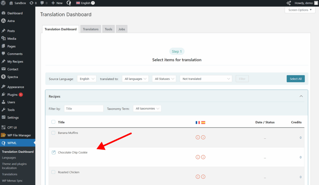 Selecting custom post to translate