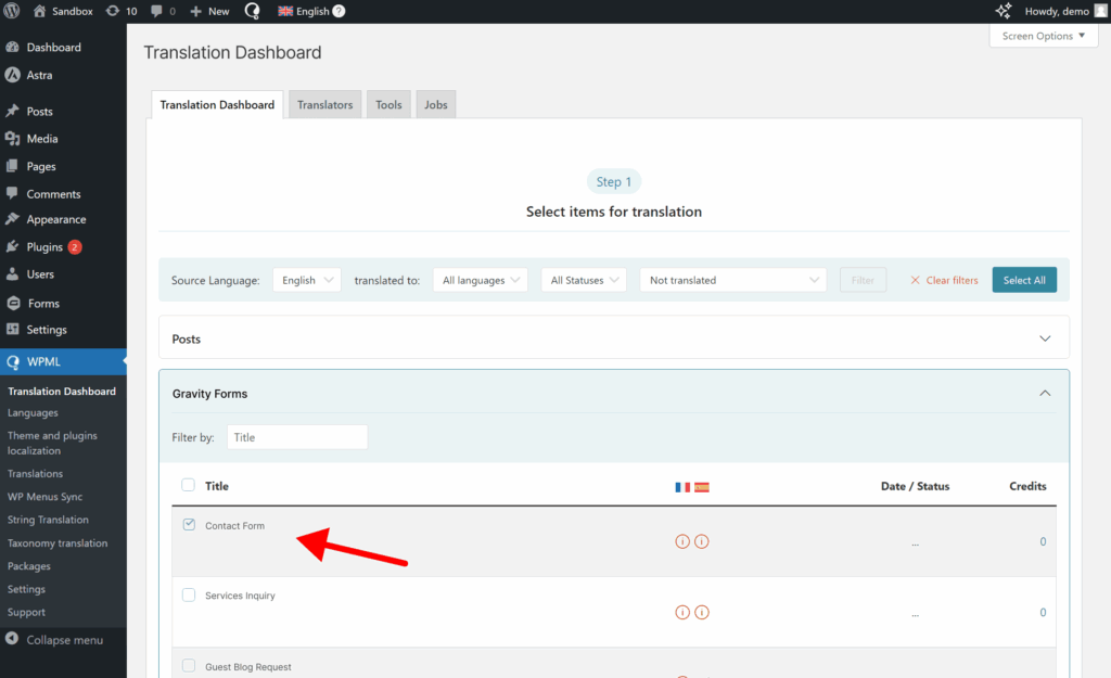 Selecting to translate Gravity Forms