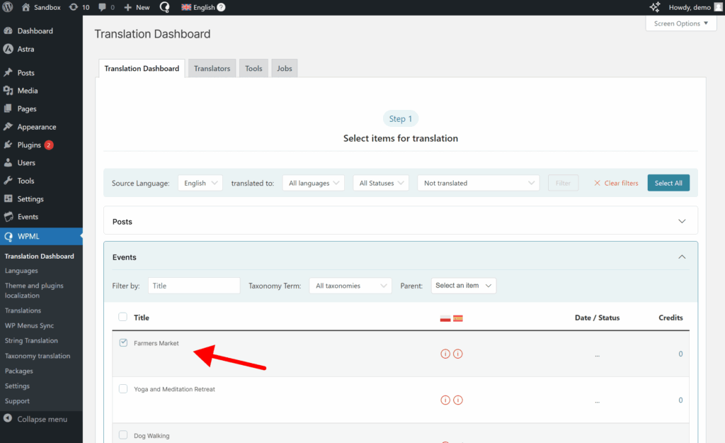 Selecting to translate an Event in the Translation Dashboard