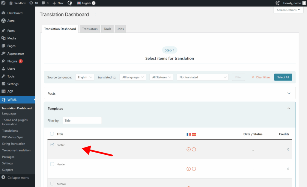 Selecting to translate template
