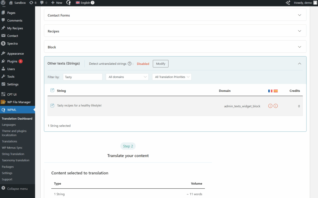 Selecting widgets texts in the Translation Dashboard