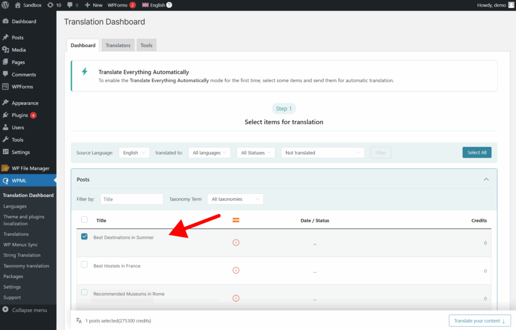 Sending post for translation via Translation Dashboard