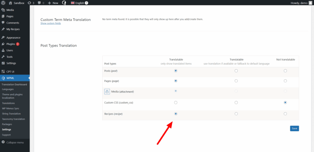 Setting Recipe custom post type as Translatable
