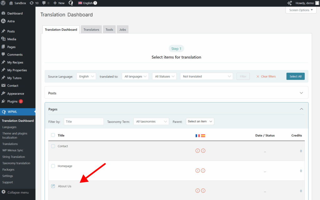 Translating page with Gutenberg blocks in Translation Dashboard