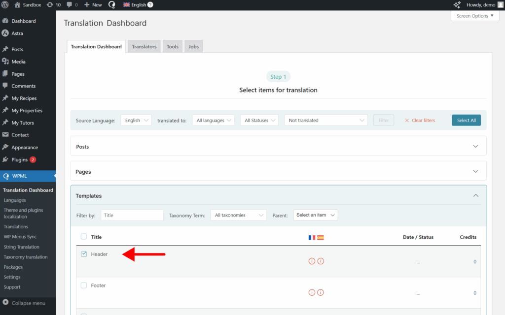 Translating templates in the Translation Dashboard