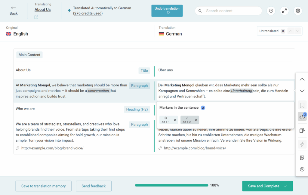 Adding HTML formatting in the Advanced Translation Editor