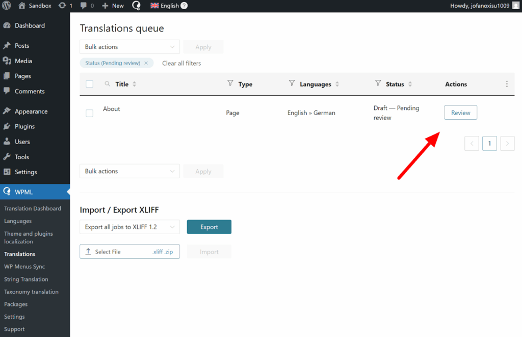 Clicking the review button in the Translations tab