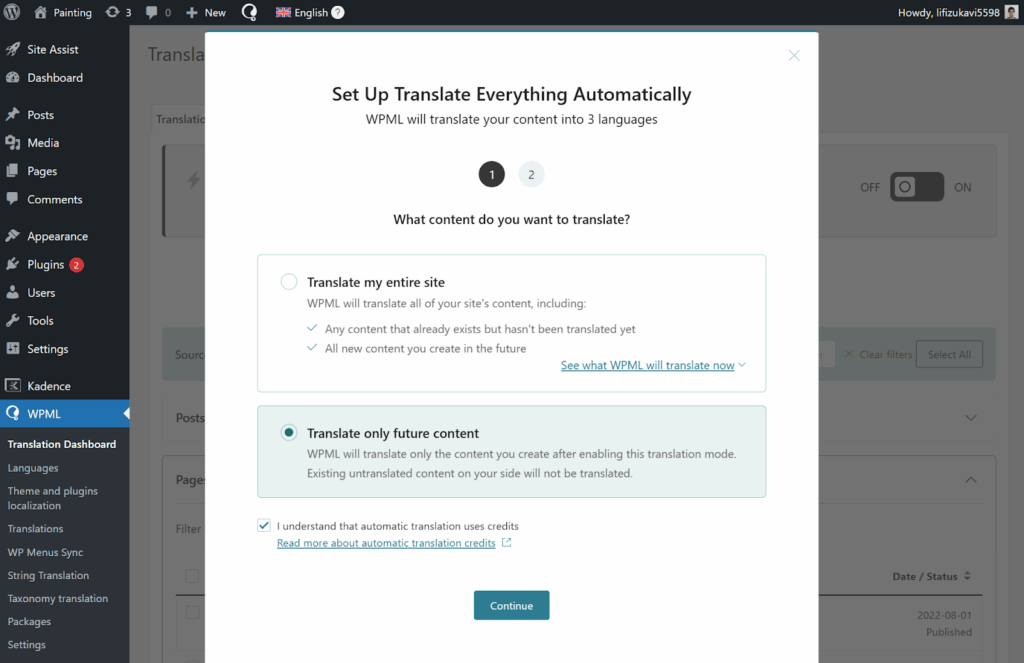 Choosing Translate only future content in the pop-up