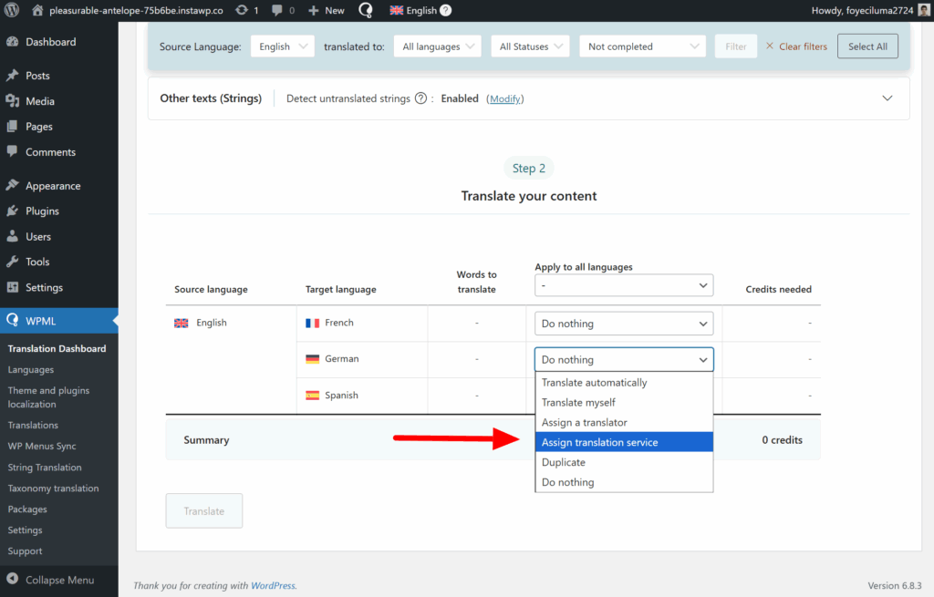 Choosing assign a translation service