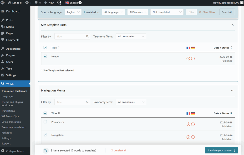 Choosing template containing the navigation block and menu