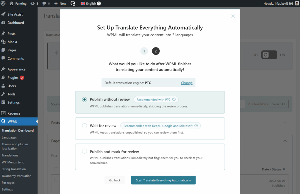 Clicking the Start Translate Everything Automatically button