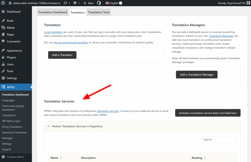 Connecting to a translation service in Translation Dashboard