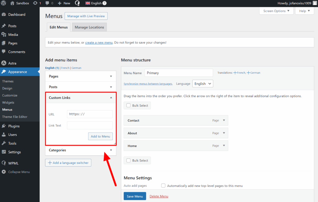 Custom Links section