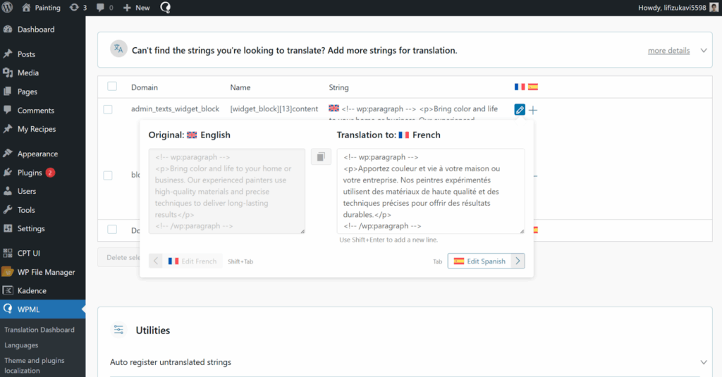 Entering translations for text on footer