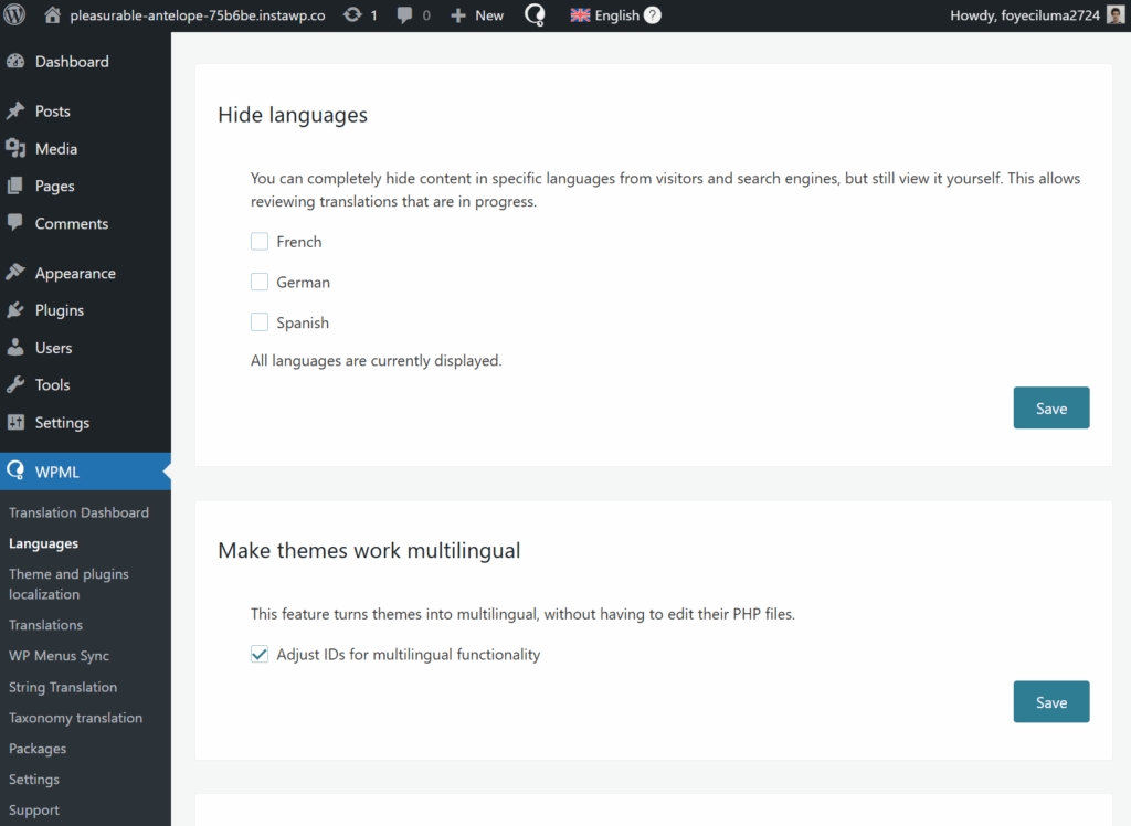 Hiding content in specific languages