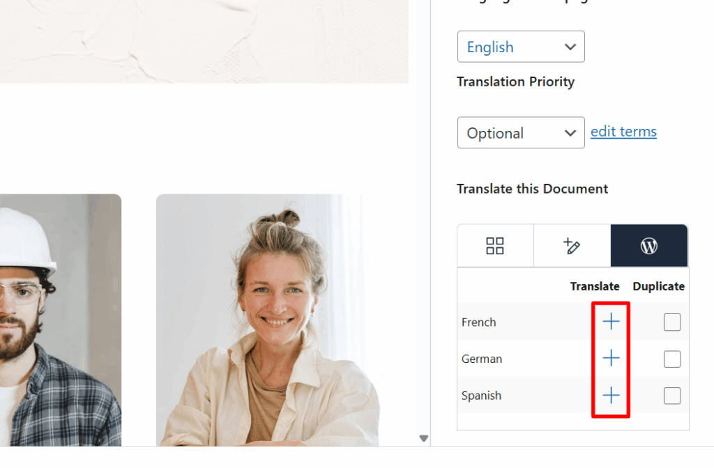 Languages table under Translate this Document
