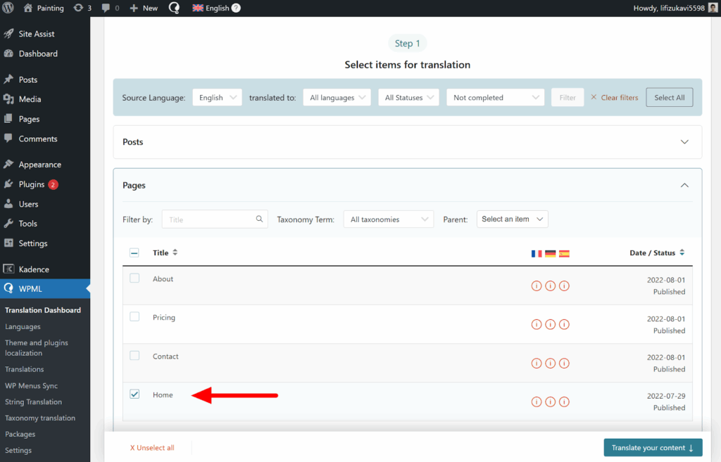 Selecting homepage with Kadence Blocks