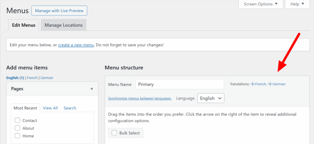 Selecting language for new menu