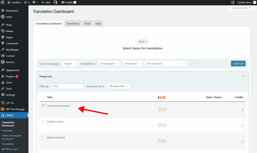 Selecting post with custom fields for translation
