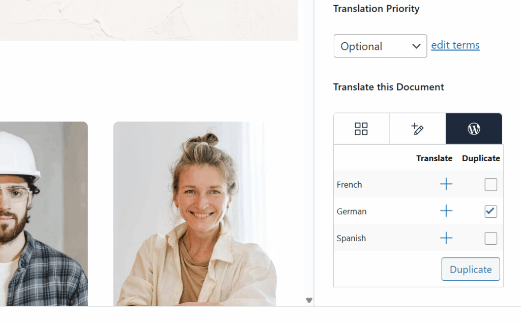 Selecting to duplicate the original content into German