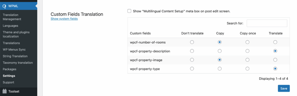 Setting translation options for custom fields