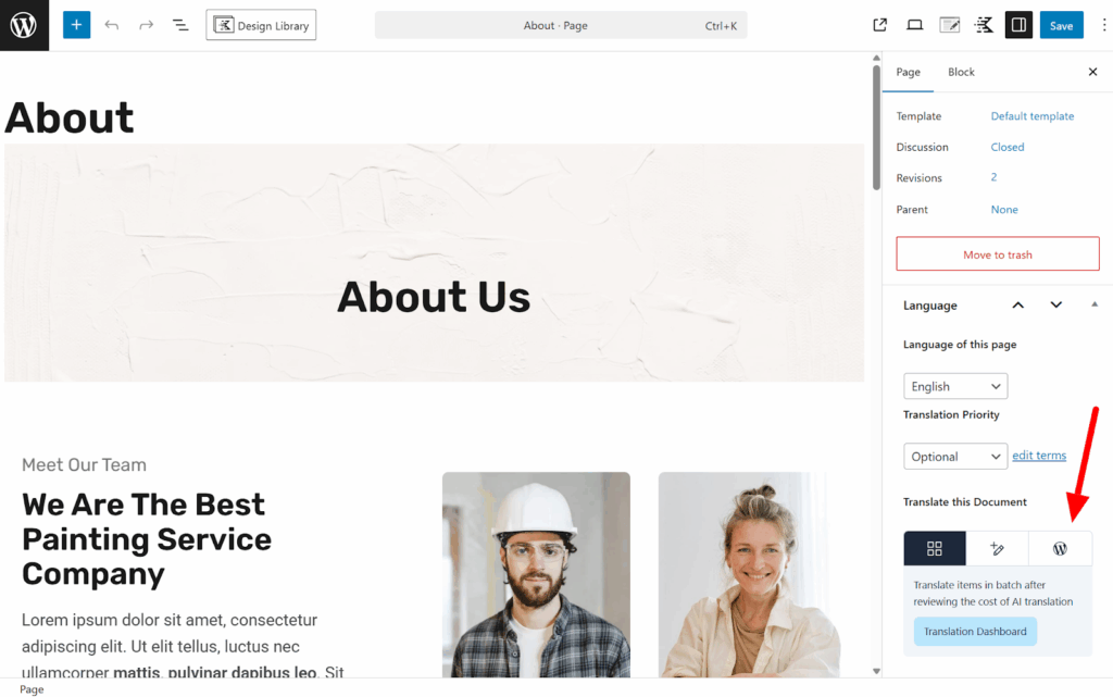 Switching to the WordPress Editor tab