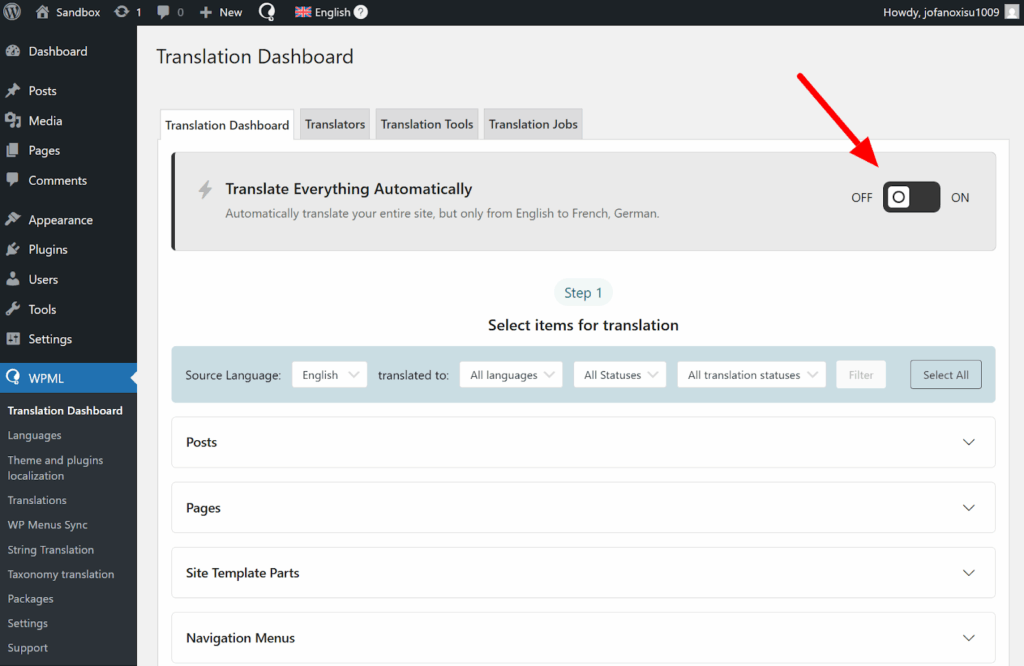 toggle on the right of the Translate Everything Automatically container