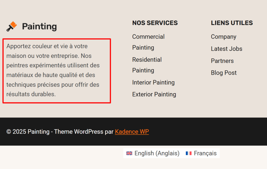 Translated text in footer