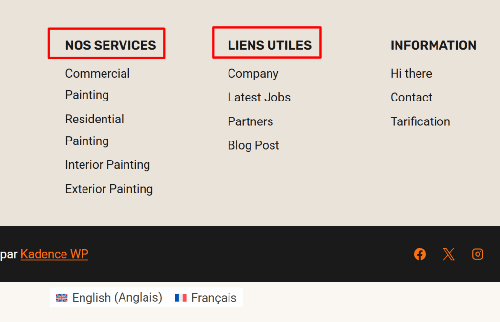 Translated texts in the footer section
