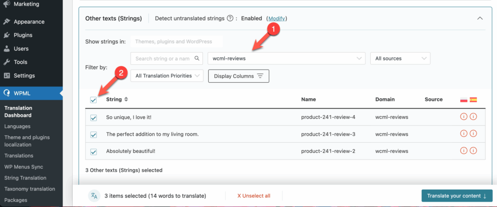 Selecting product reviews to translate in Other texts (Strings)

