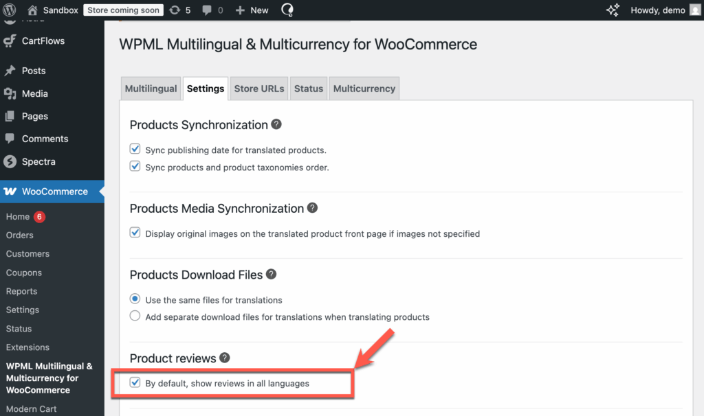 Selecting the option to show reviews in all languages

