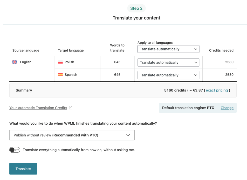 Cost summary in the WPML Translation Dashboard